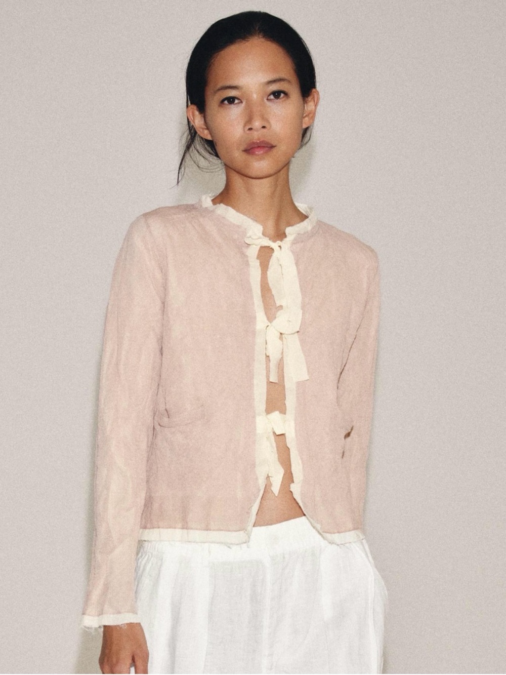 Zara Blush Pink Tie-Front Jacket with Cream Trim